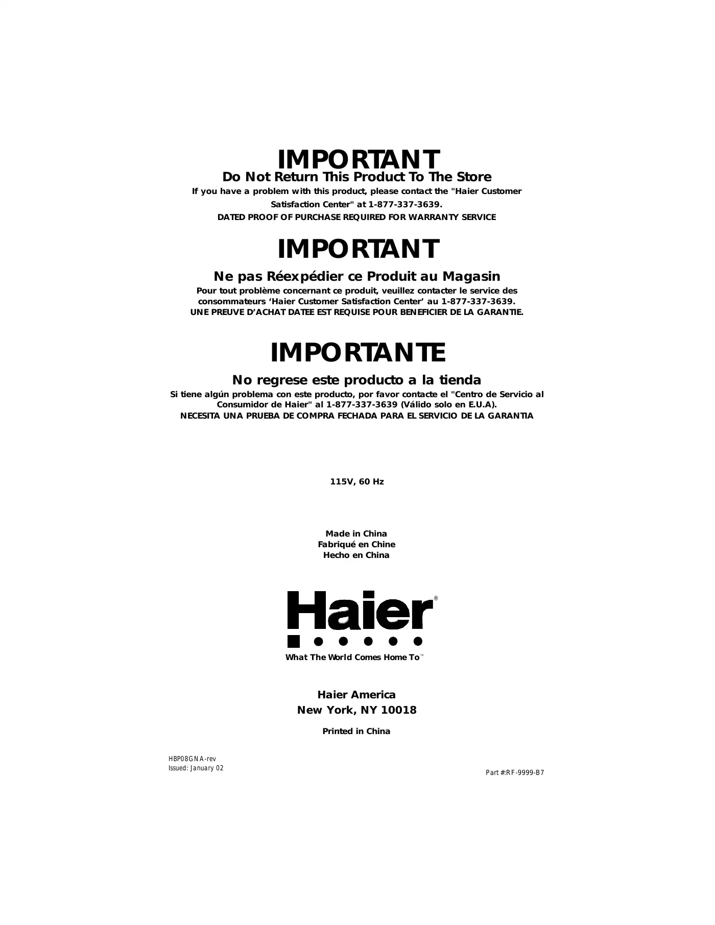 Haier HBP08GNAWW User Manual Manual pdf 1 page image