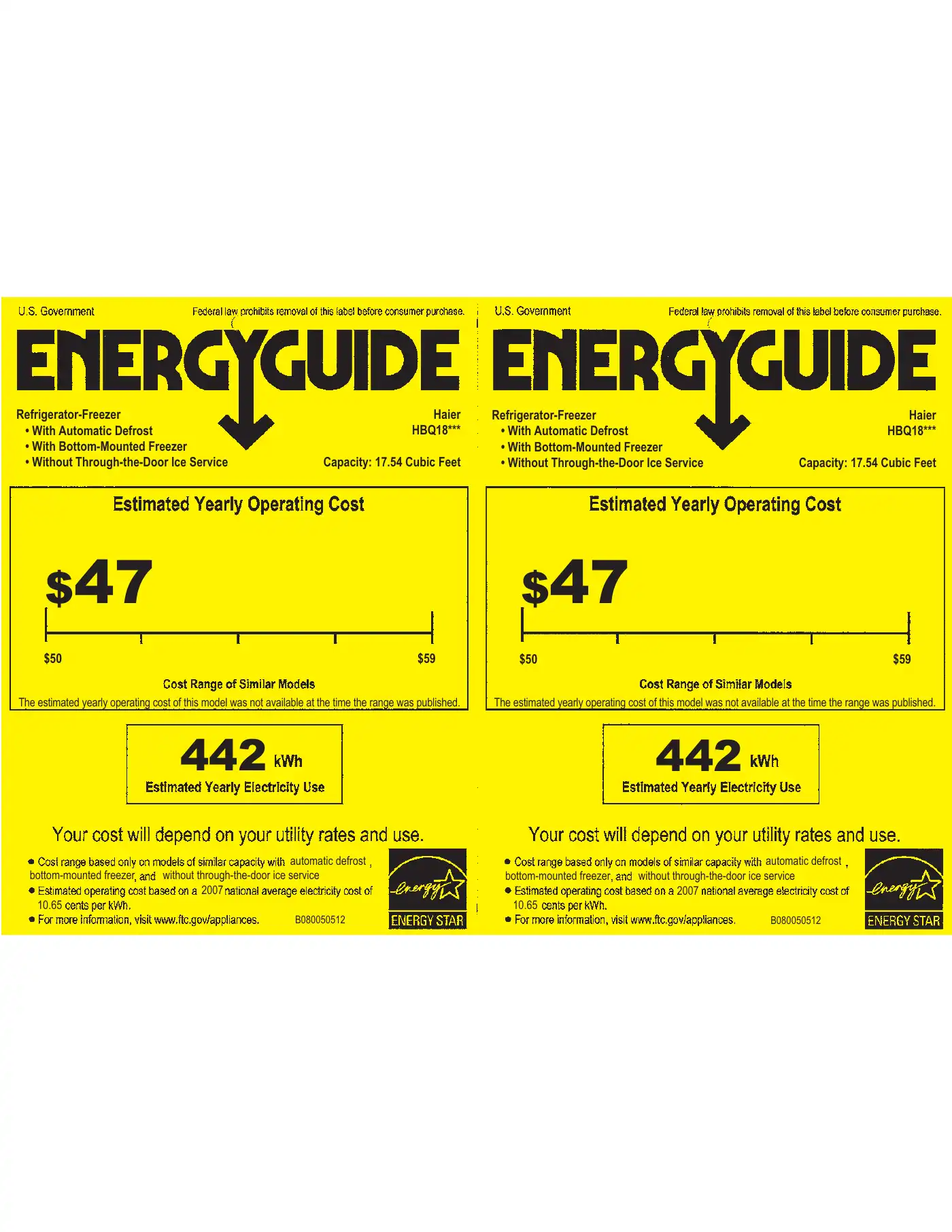 Haier HBQ18JADLS Energy Manual Manual pdf 1 page image