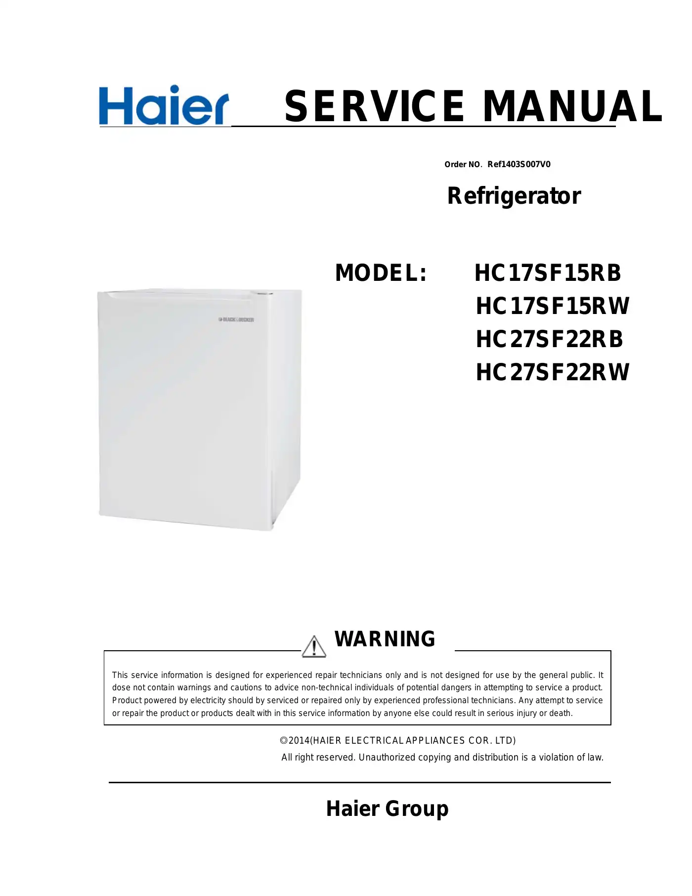 Haier HC17SF15RB Service Manual Manual pdf 1 page image