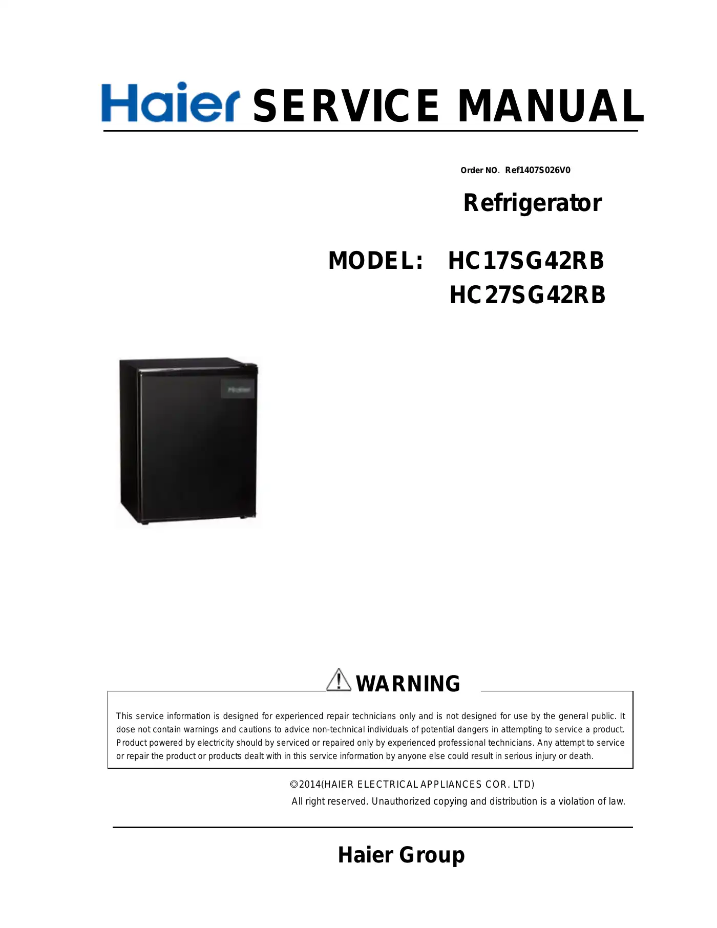 Haier HC17SG42RB Service Manual Manual pdf 1 page image