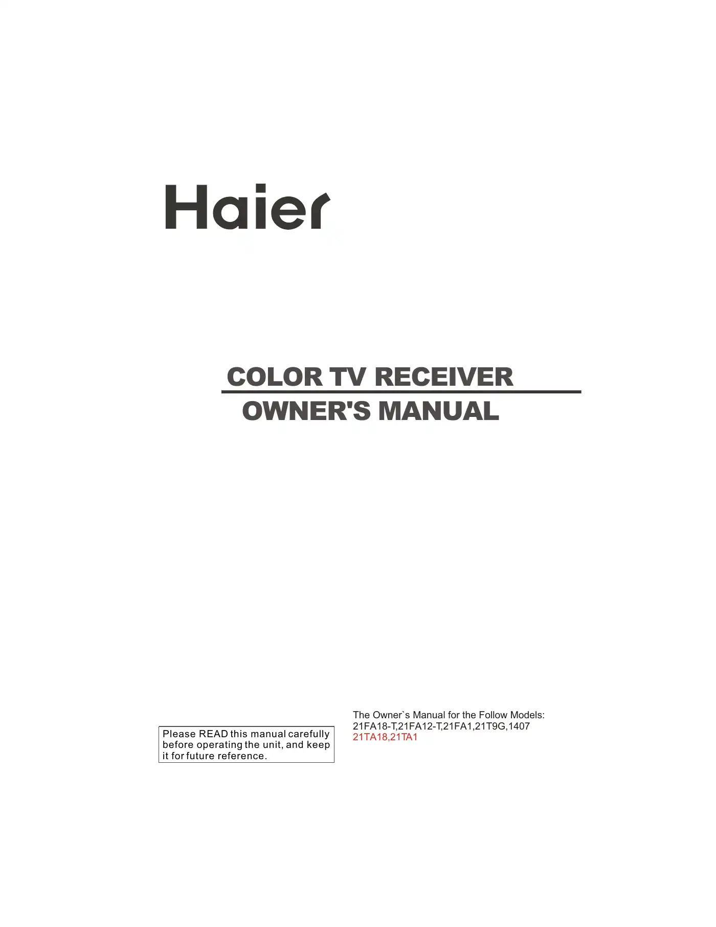 Haier 21FA1 Owner's Manual Manual pdf 1 page image