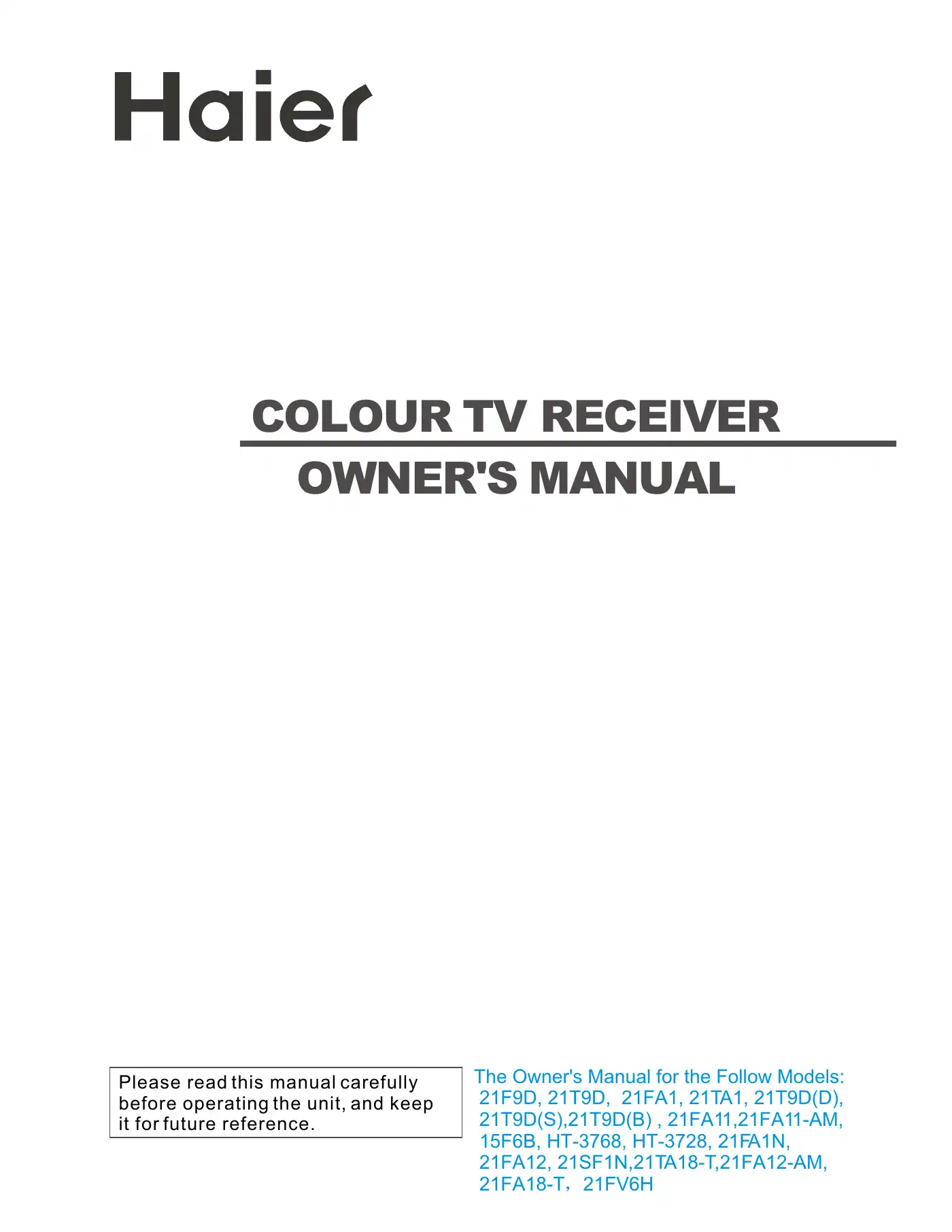Haier 21FV6H Owner's Manual Manual pdf 1 page image