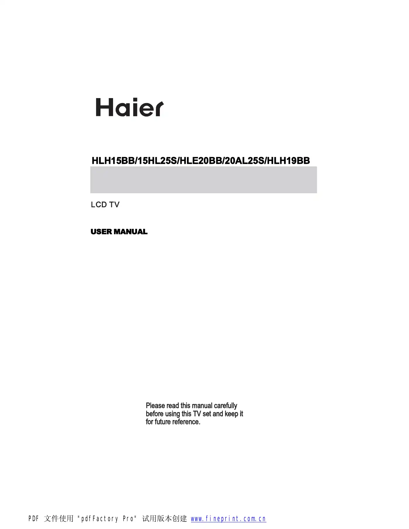 Haier HLH19BB User Manual Manual pdf 1 page image