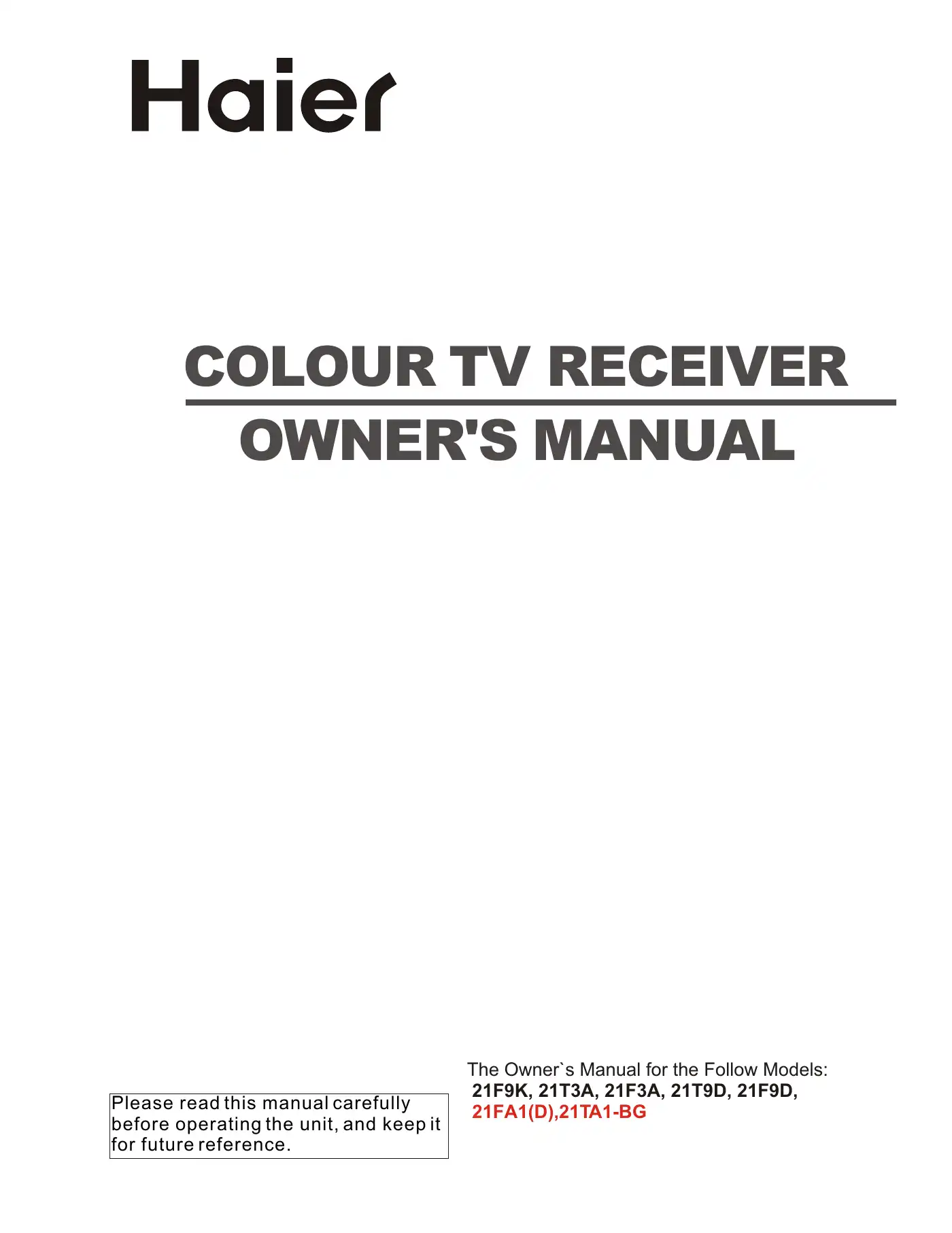 Haier 21F3A Owner's Manual Manual pdf 1 page image