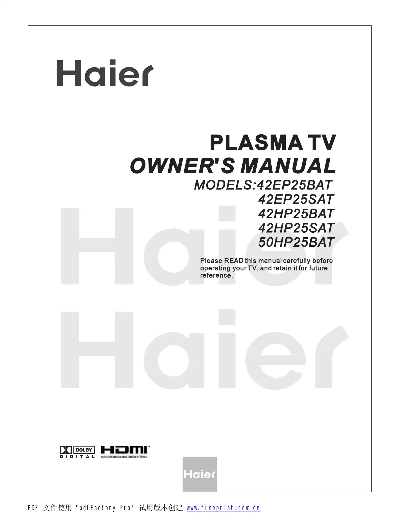 Haier 42EP25BAT Owner's Manual Manual pdf 1 page image