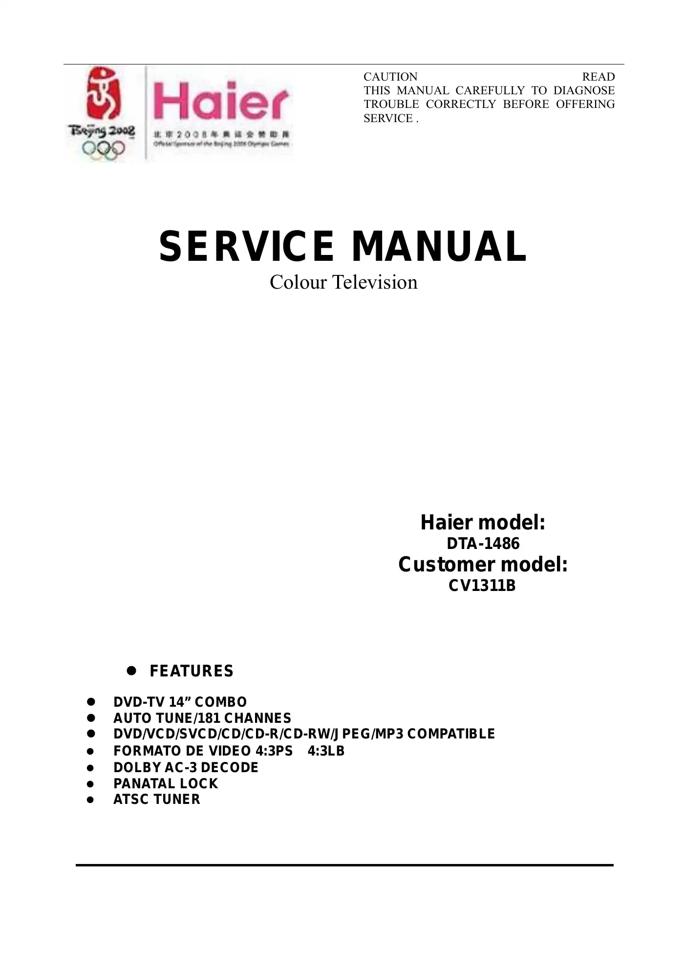 Haier CV1311B Service Manual Manual pdf 1 page image