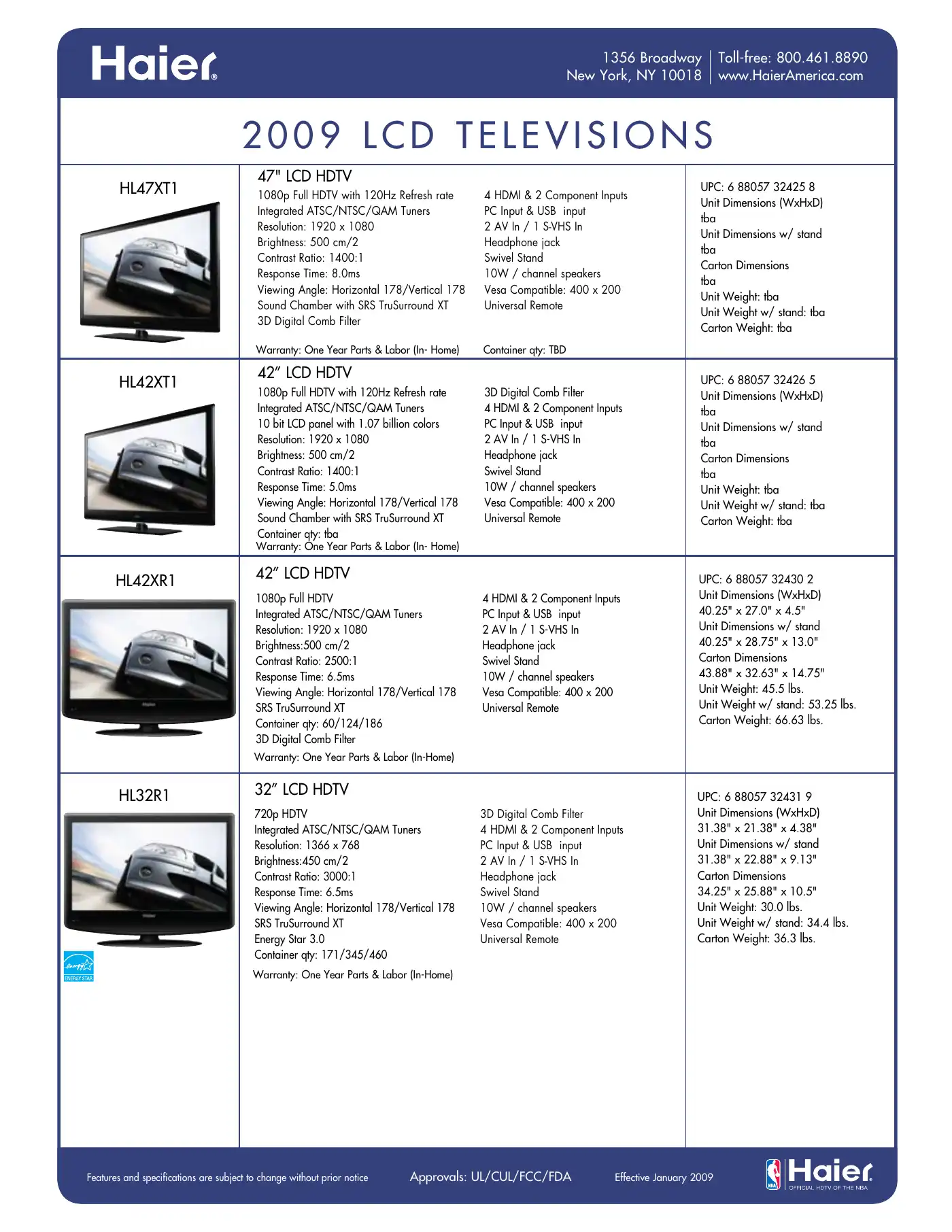 Haier HLC22RW1 Specifications Manual pdf 1 page image