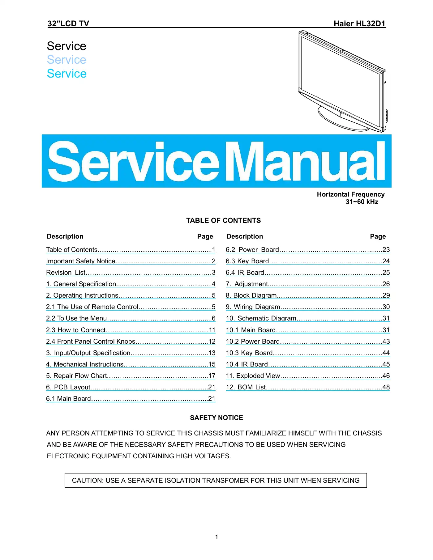 Haier HL32D1 Service Manual Manual pdf 1 page image