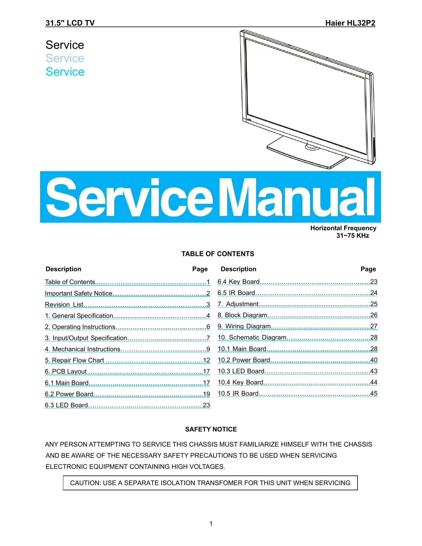 Haier HL32P2 Service Manual Manual pdf 1 page image