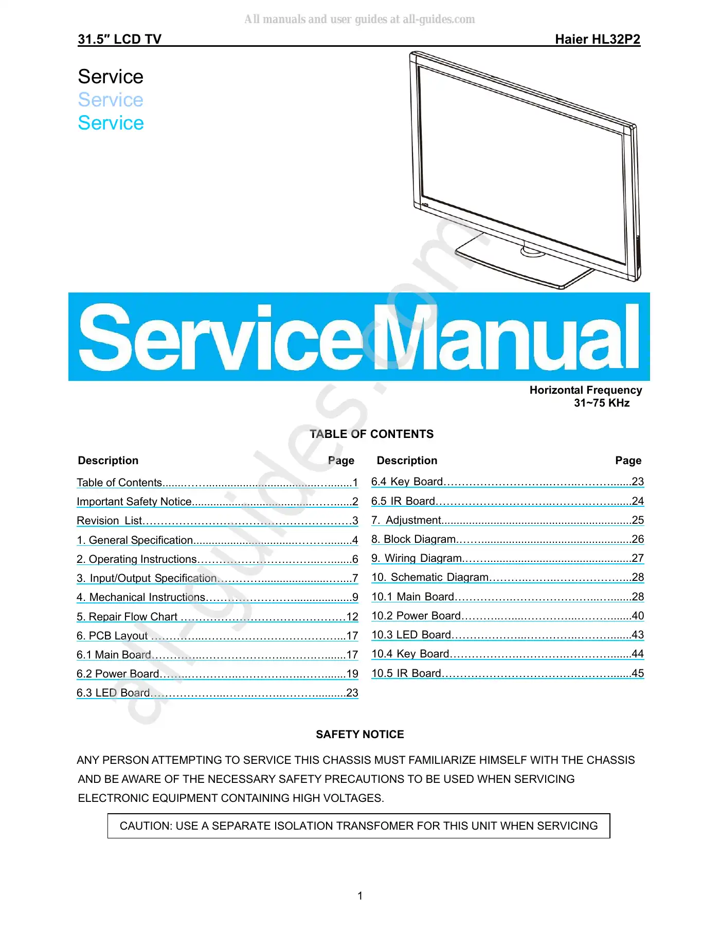 Haier HL32P2 Service Manual Manual pdf 1 page image