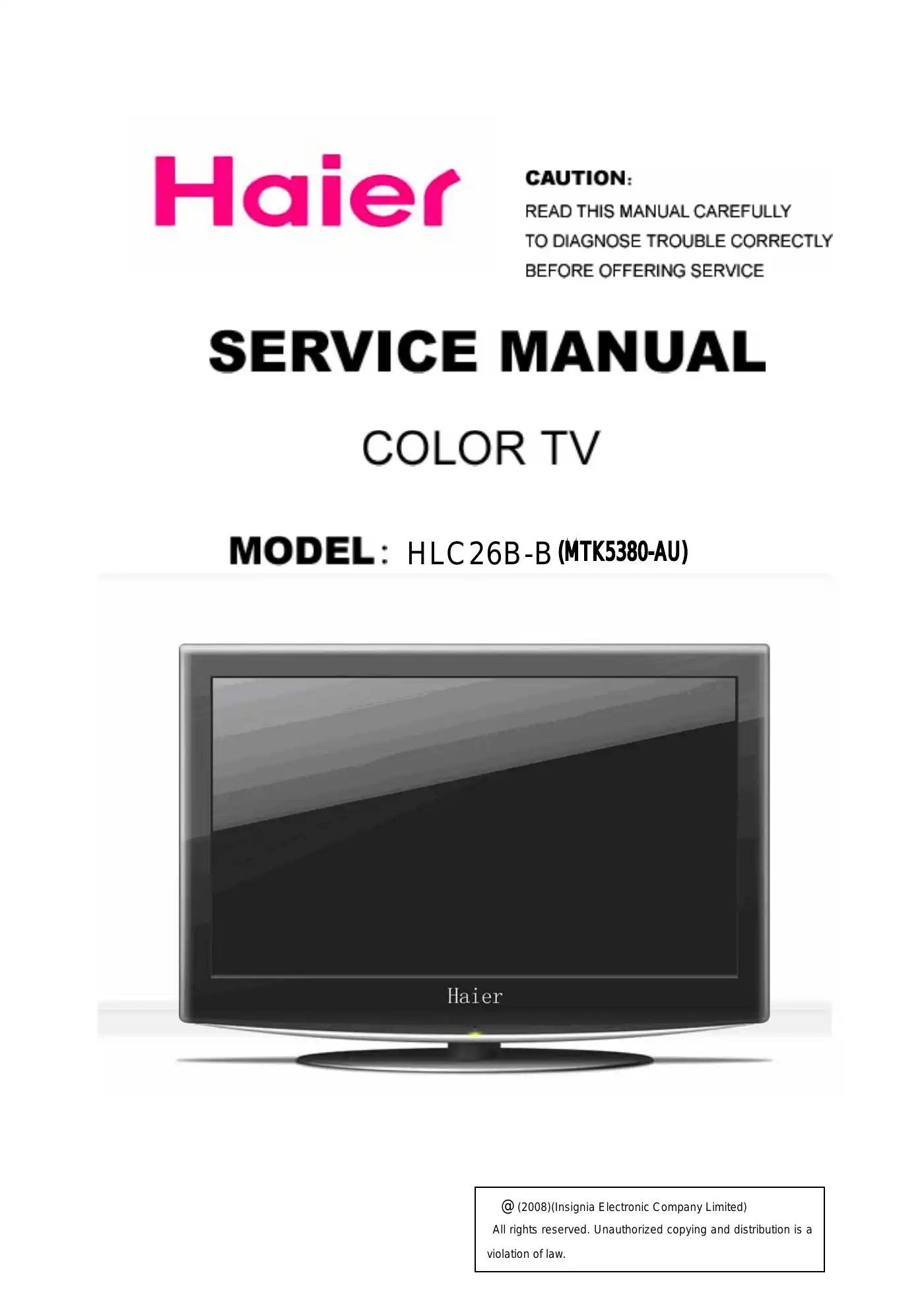 Haier HLC26B-B Service Manual Manual pdf 1 page image