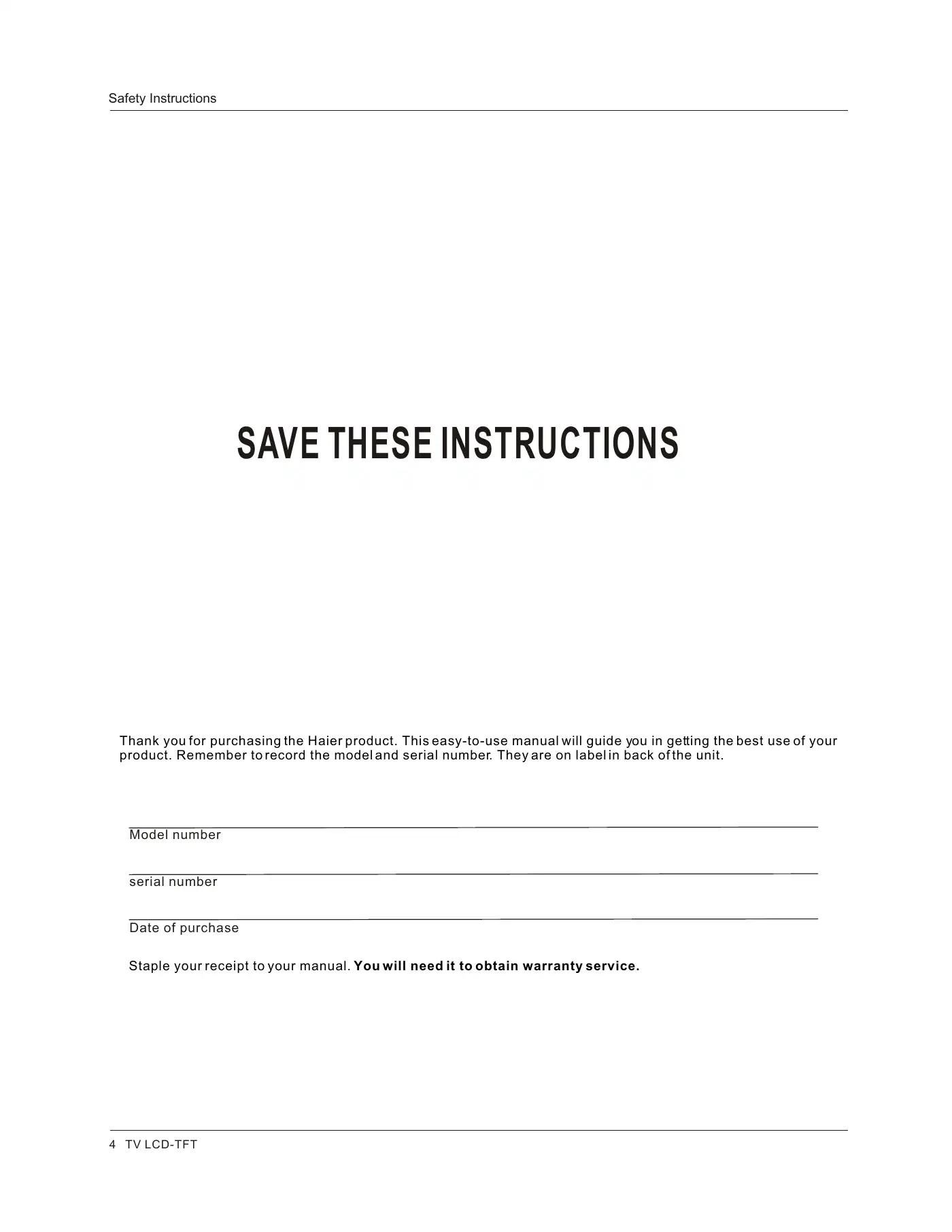 Haier HLC26R1 Owner's Manual Manual pdf 4 page image