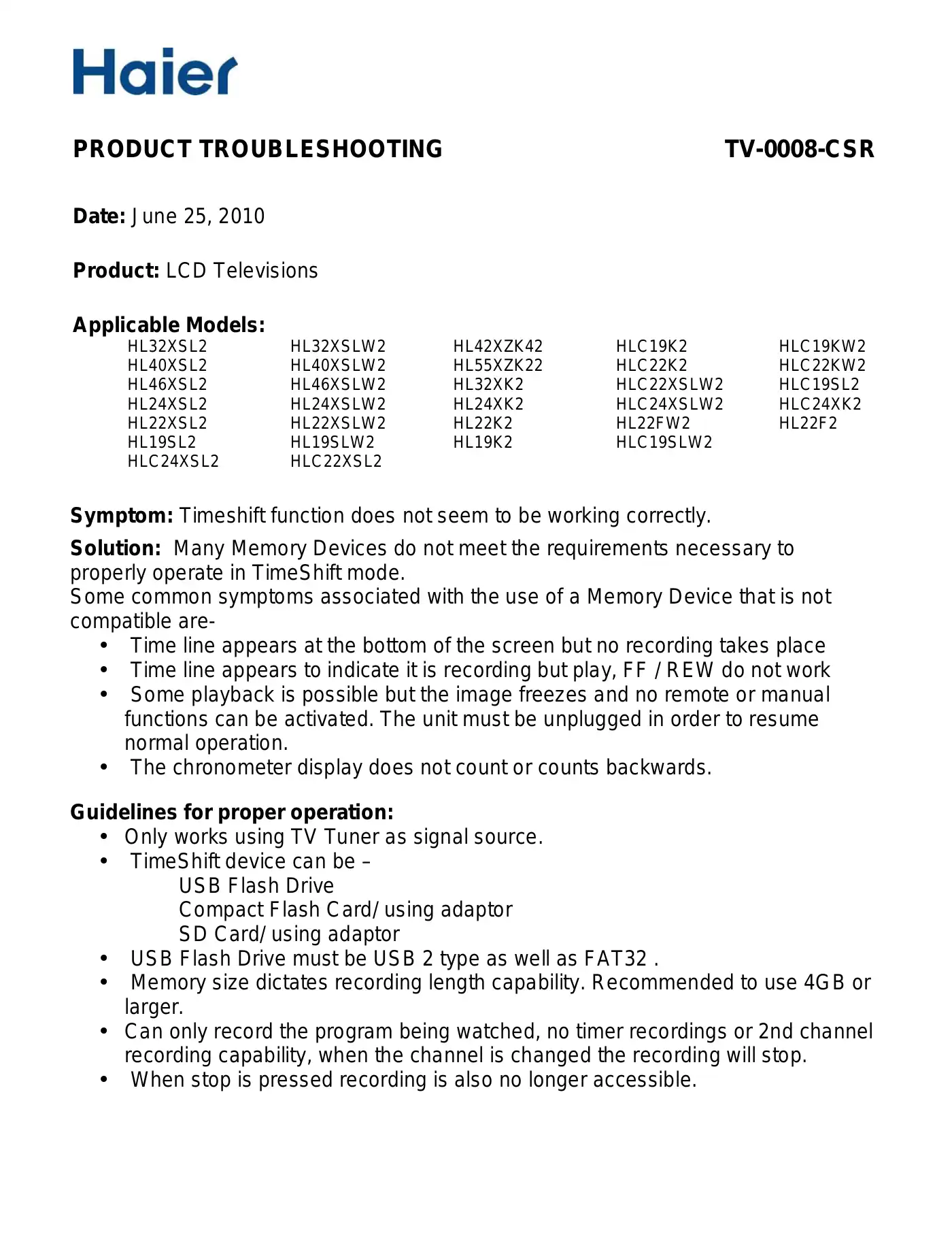 Haier HL32XSL2 Troubleshooting Manual Manual pdf 1 page image