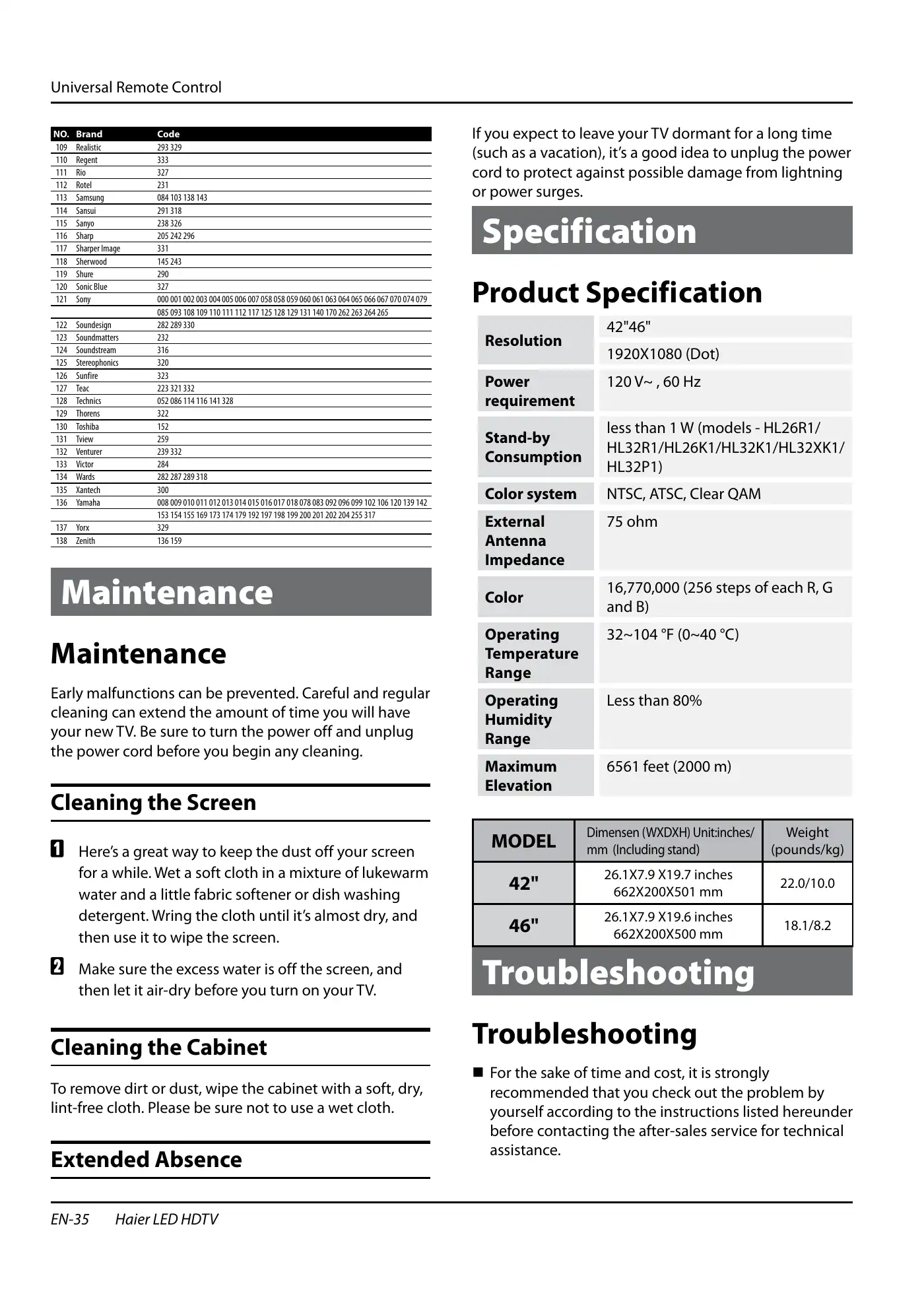Haier HL40XSL2a Owner's Manual Manual pdf 36 page image