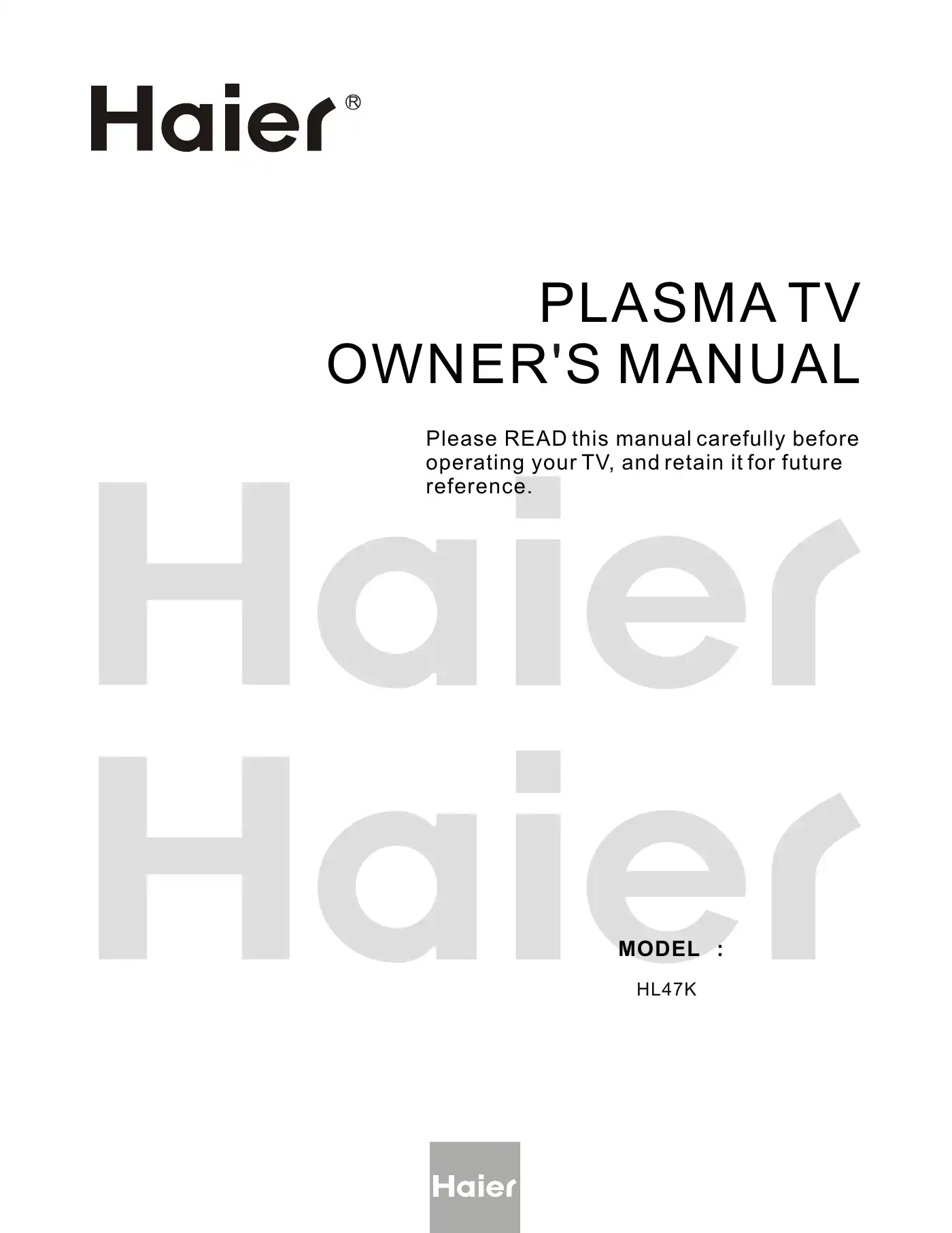 Haier HL47K Owner's Manual Manual pdf 1 page image