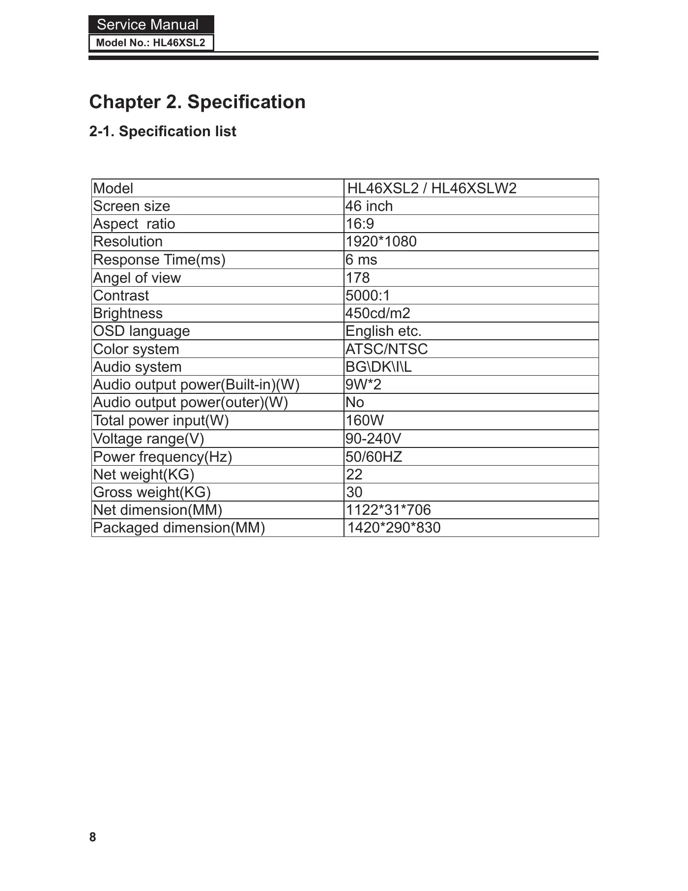 Haier HL46XSL2 Service Manual Manual pdf 9 page image