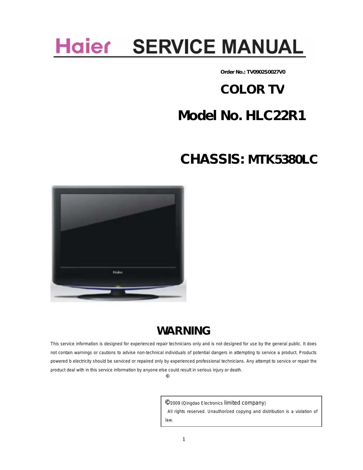 Haier HLC22R1 Service Manual Manual pdf 1 page image