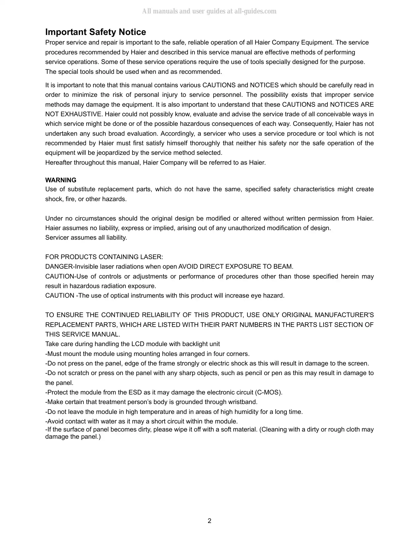 Haier HLC24XLP Service Manual Manual pdf 2 page image