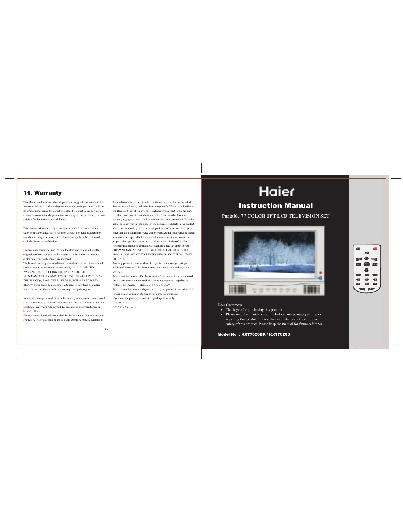Haier KXT7020BK Instruction Manual Manual pdf 1 page image