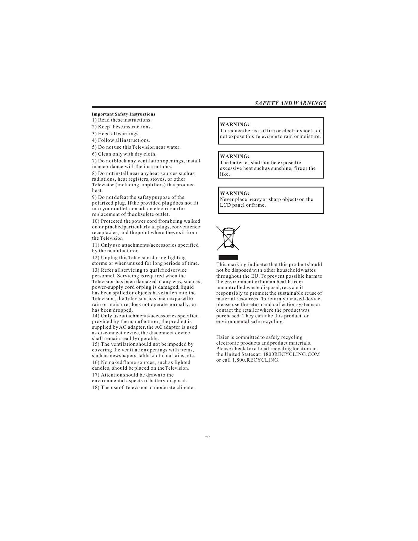 Haier LE19B13200 Owner's Manual Manual pdf 3 page image