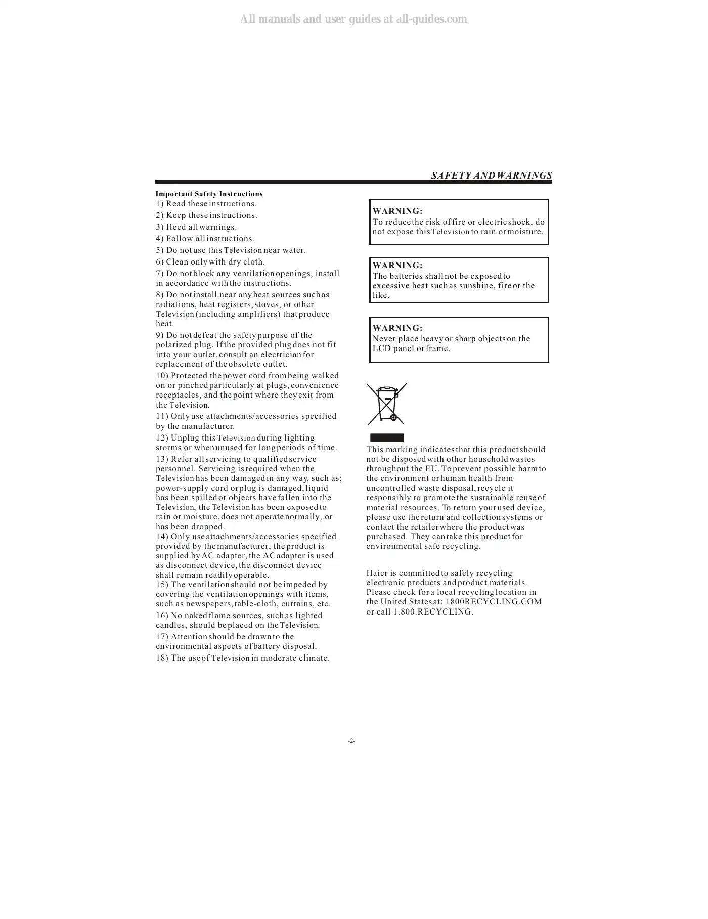 Haier LE19B13200 Owner's Manual Manual pdf 3 page image
