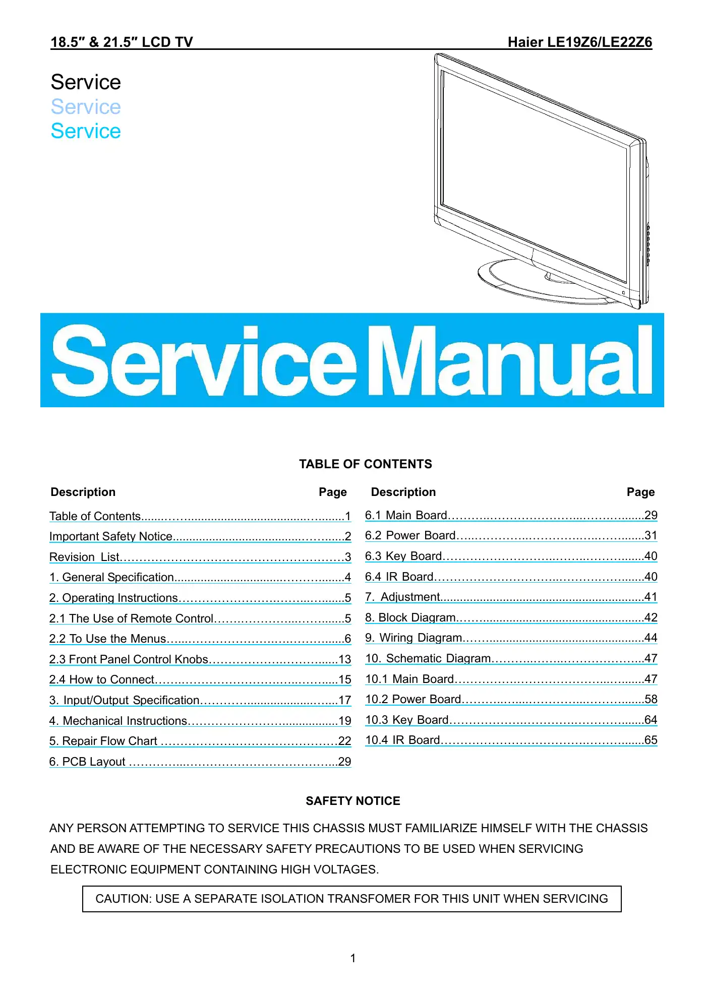 Haier LE19Z6 Service Manual Manual pdf 1 page image
