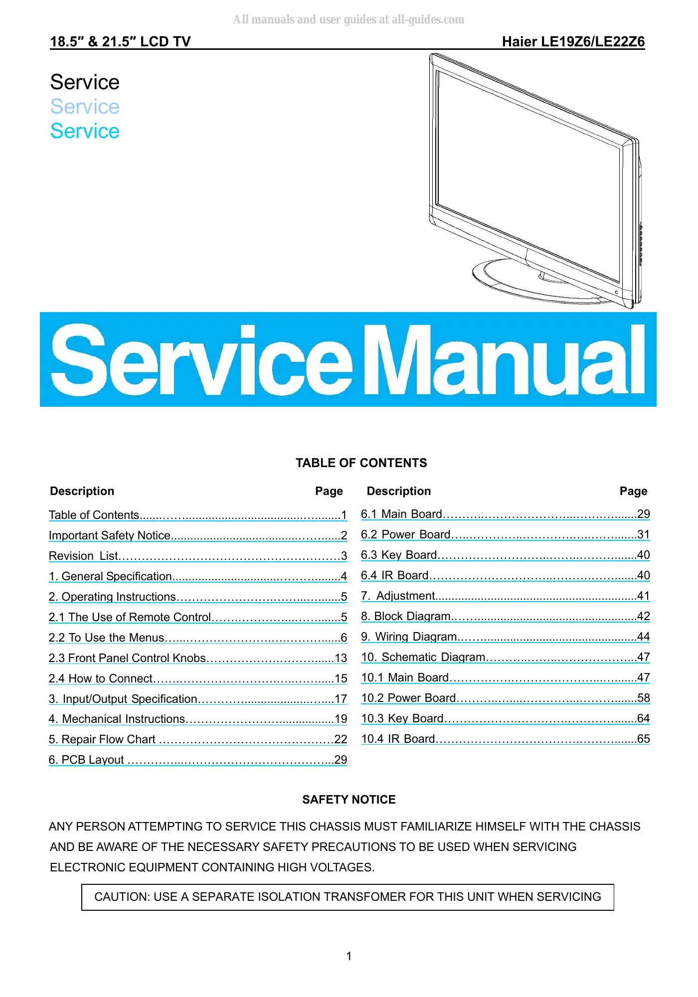 Haier LE19Z6 Service Manual Manual pdf 1 page image