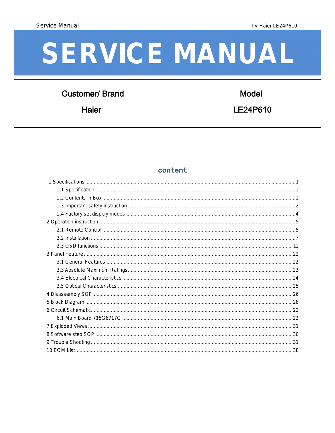 Haier LE24P610 Service Manual Manual pdf 1 page image