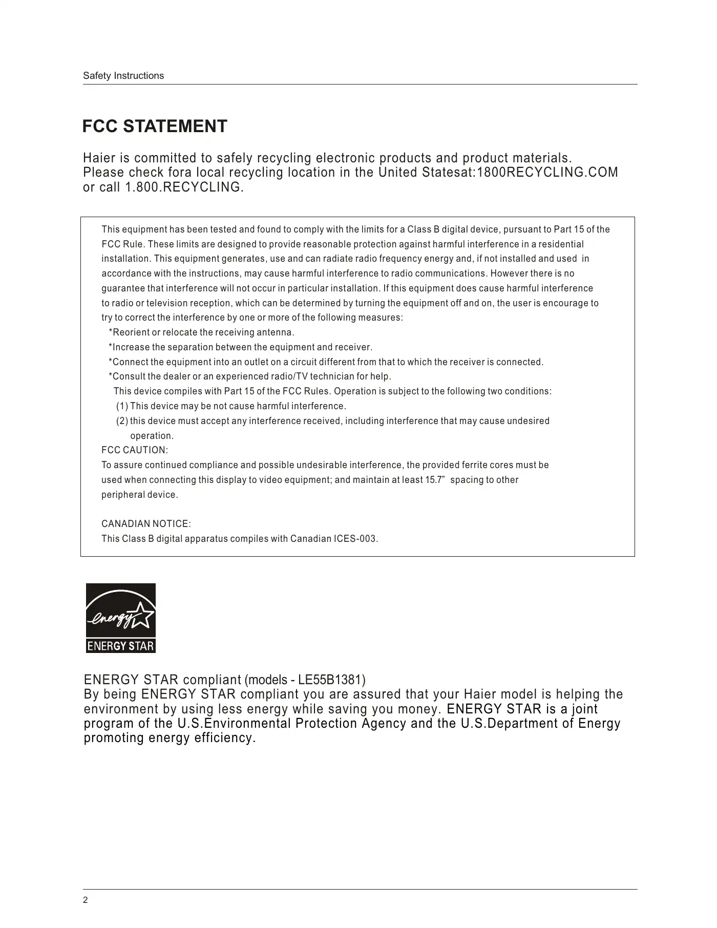 Haier LE55B1381 Owner's Manual Manual pdf 4 page image