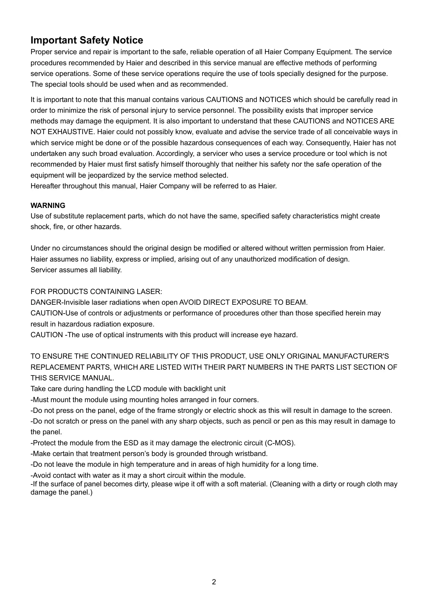 Haier LY19Z6 Service Manual Manual pdf 2 page image