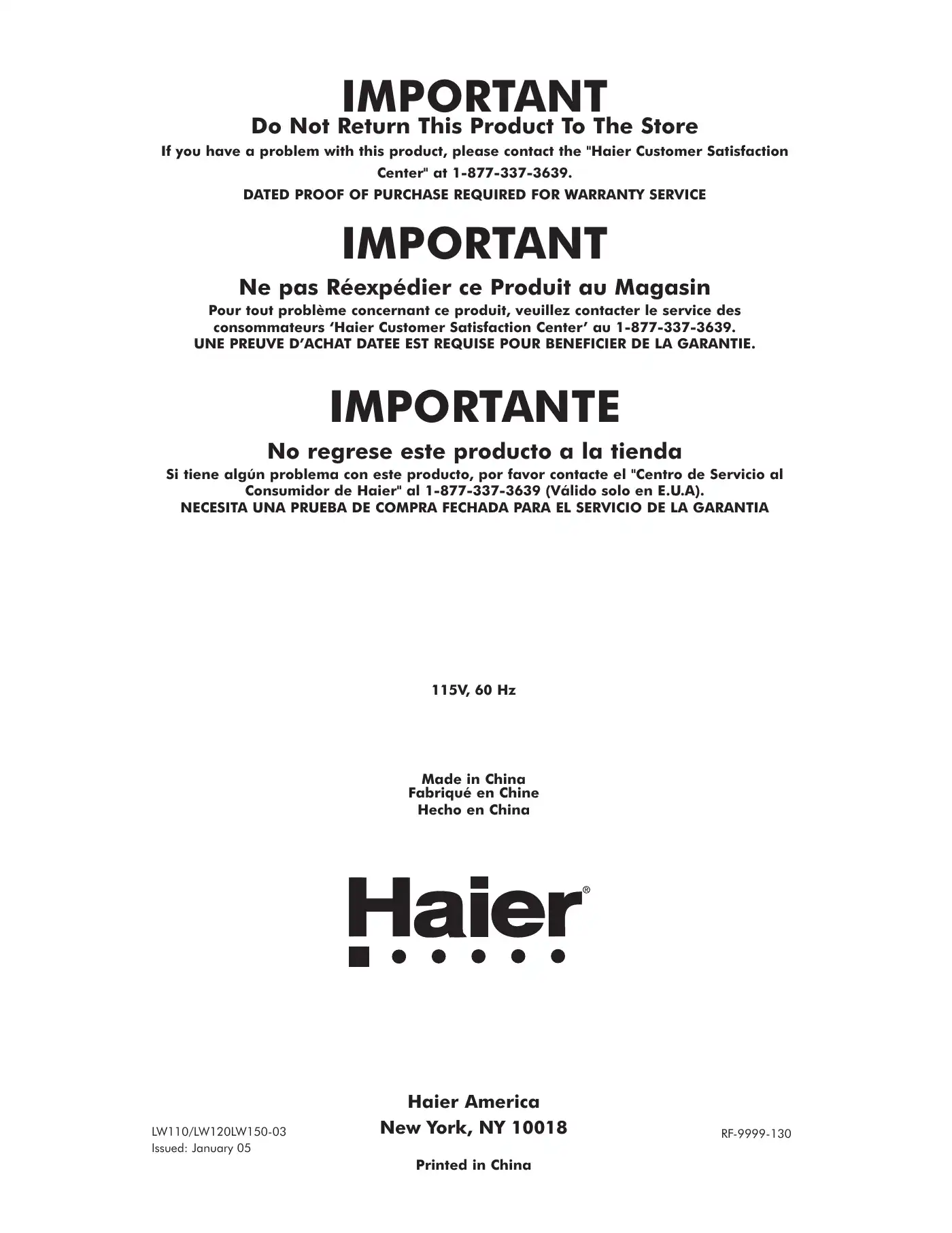 Haier LW110 User Manual Manual pdf 1 page image