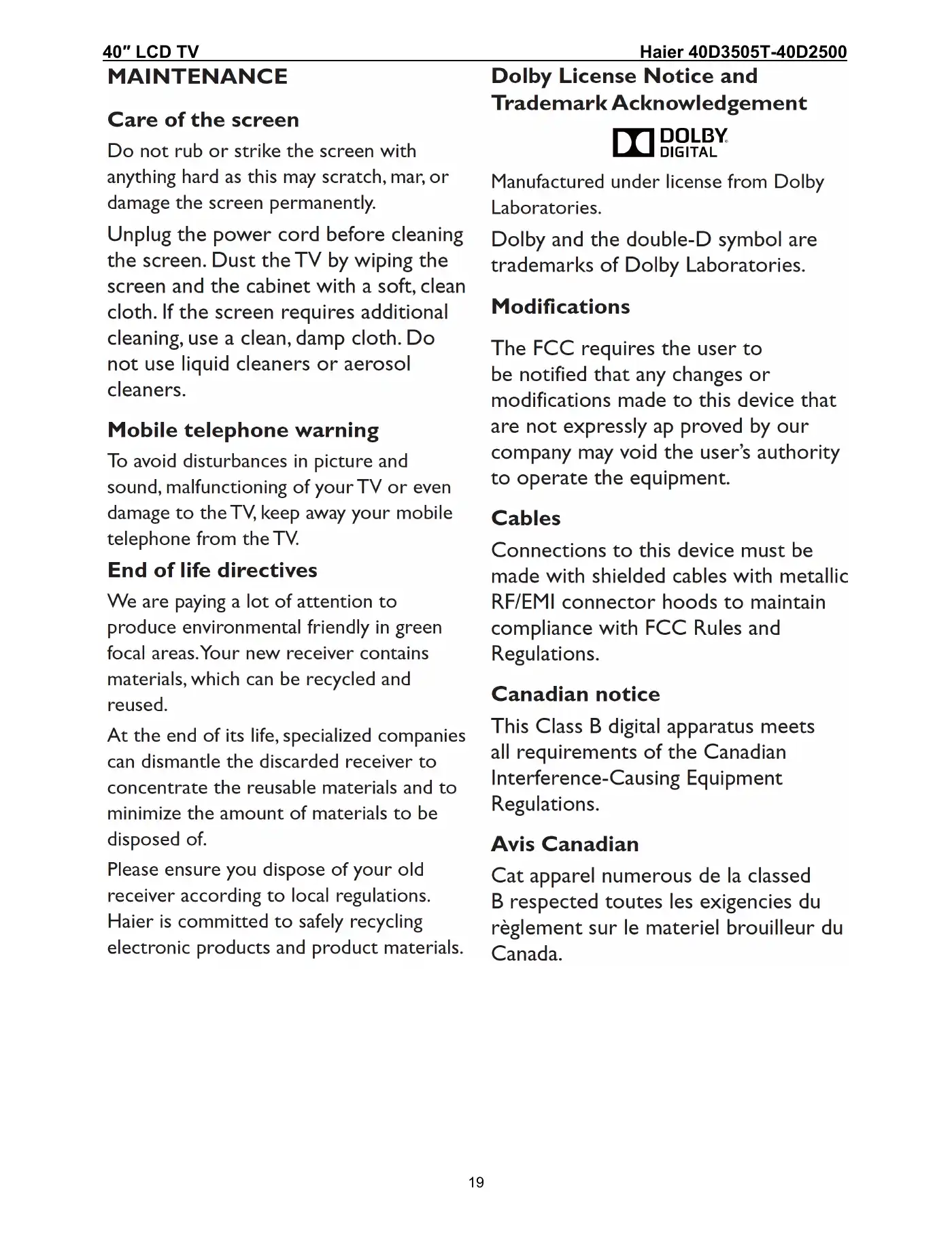 Haier 40D3505T Service Manual Manual pdf 19 page image