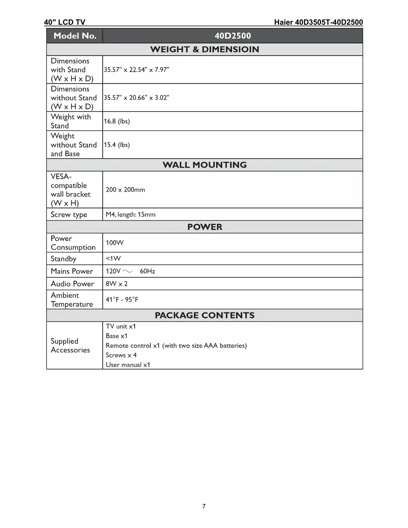 Haier 40D3505T Service Manual Manual pdf 7 page image