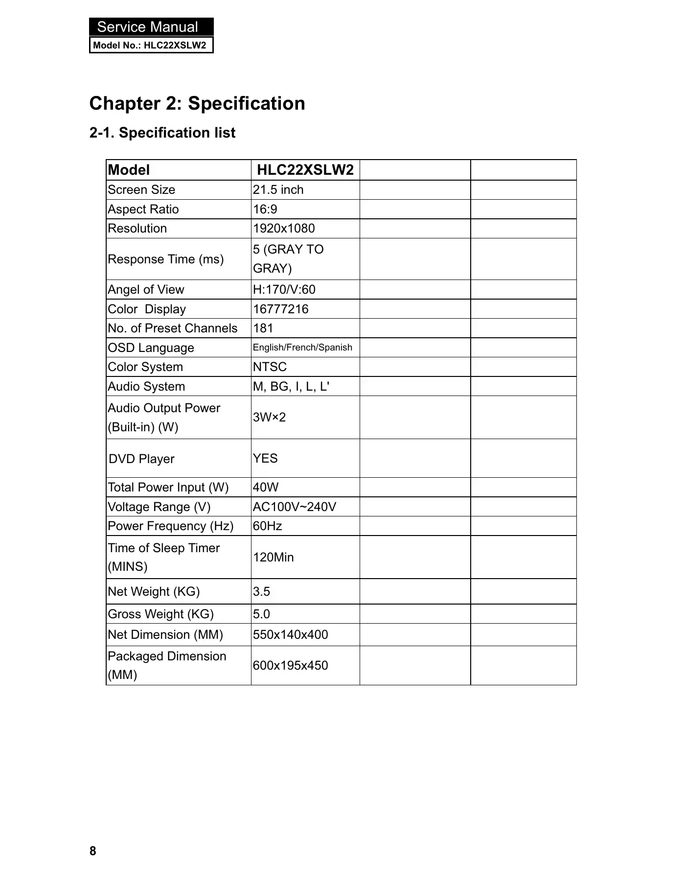 Haier HLC22XSLW2 Service Manual Manual pdf 9 page image