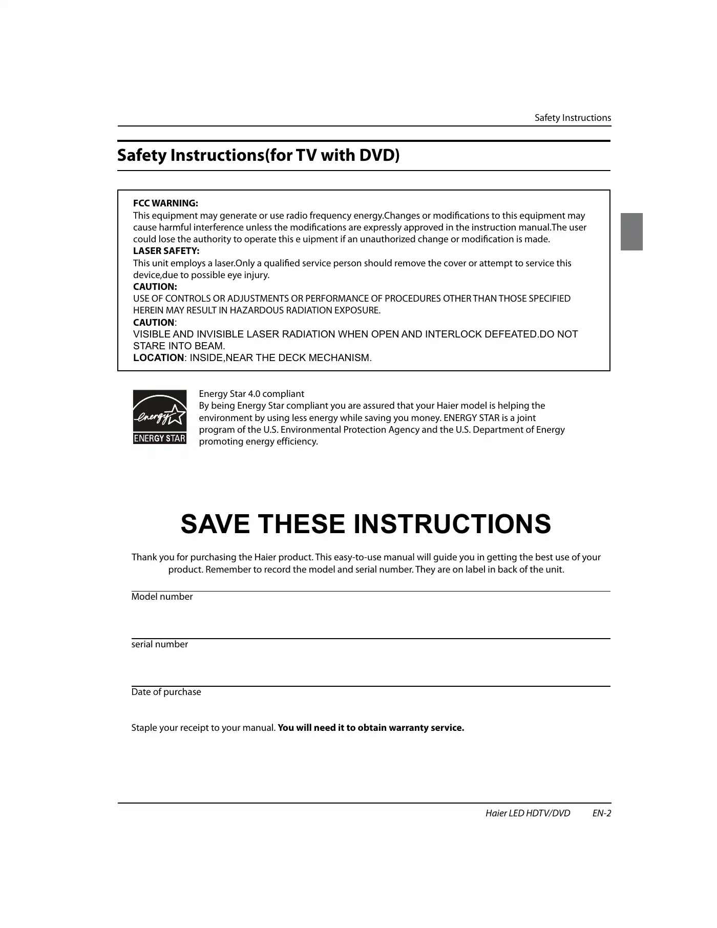 Haier HLC22XSLW2 Important Safety Instructions Manual Manual pdf 2 page image