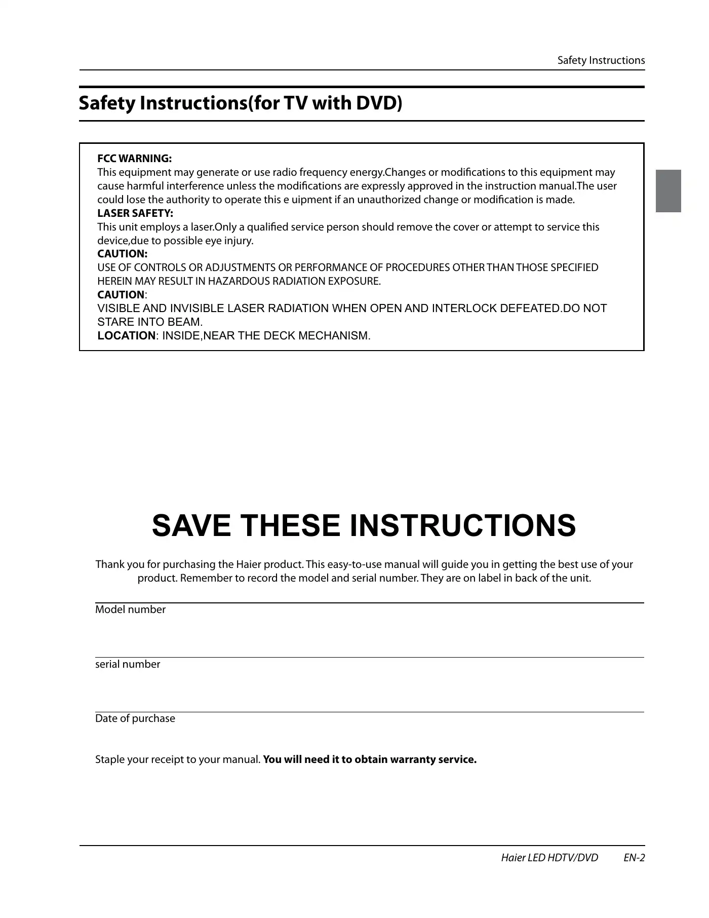 Haier HLC24XK2 Owner's Manual Manual pdf 3 page image