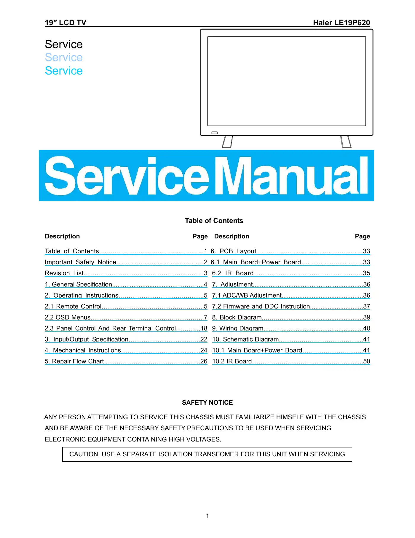 Haier LE19P620 Service Manual Manual pdf 1 page image