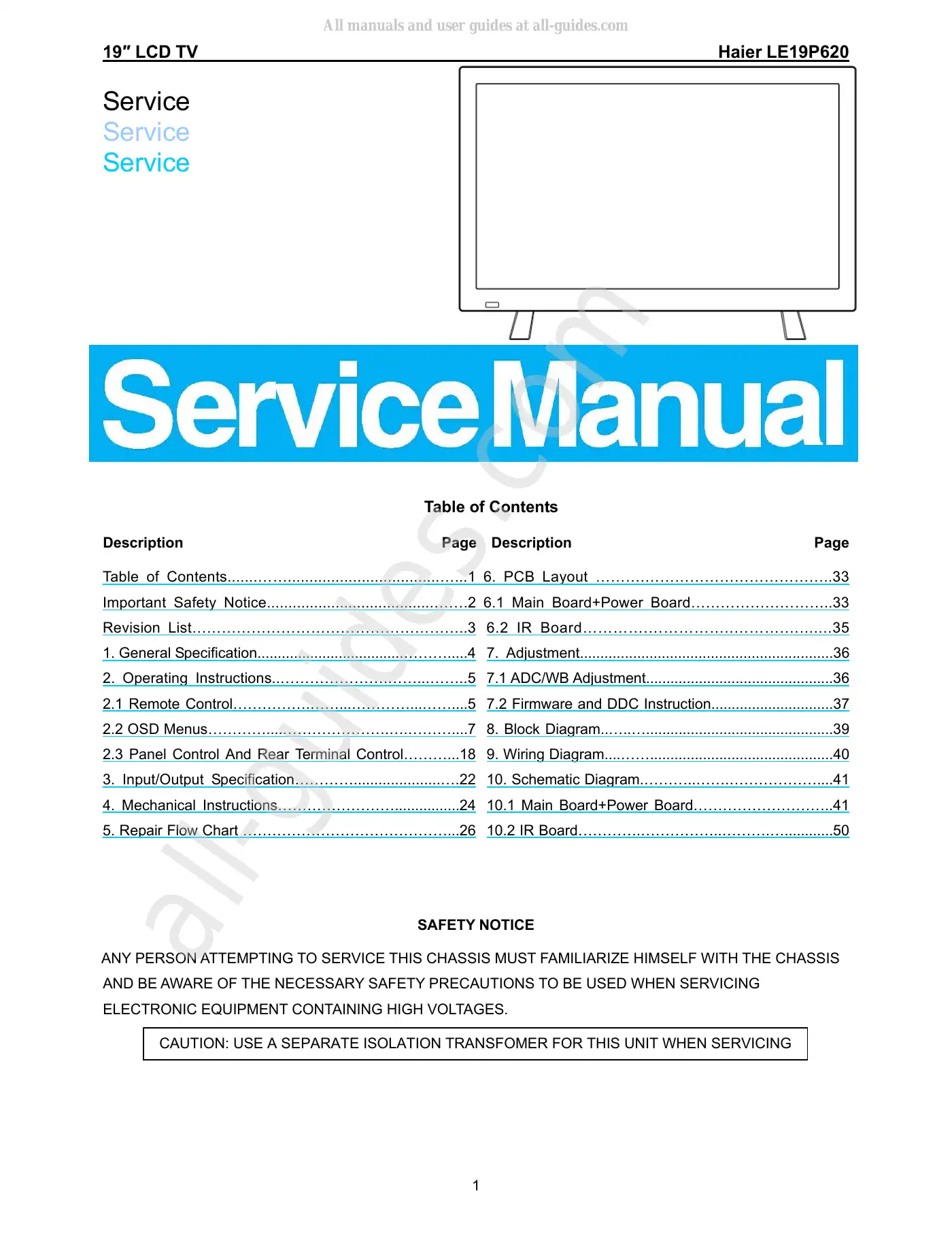 Haier LE19P620 Service Manual Manual pdf 1 page image