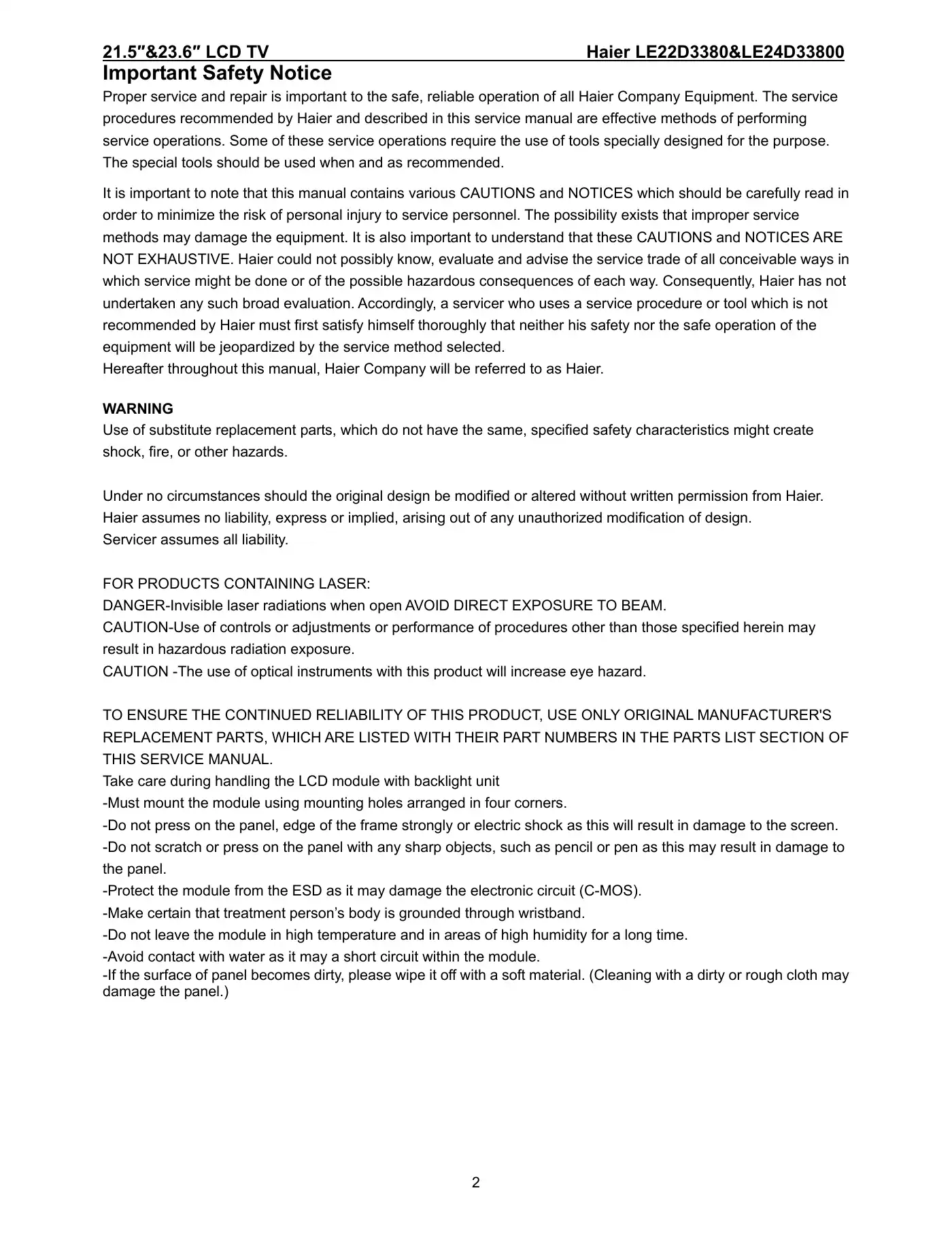 Haier LE24D33800 Service Manual Manual pdf 2 page image