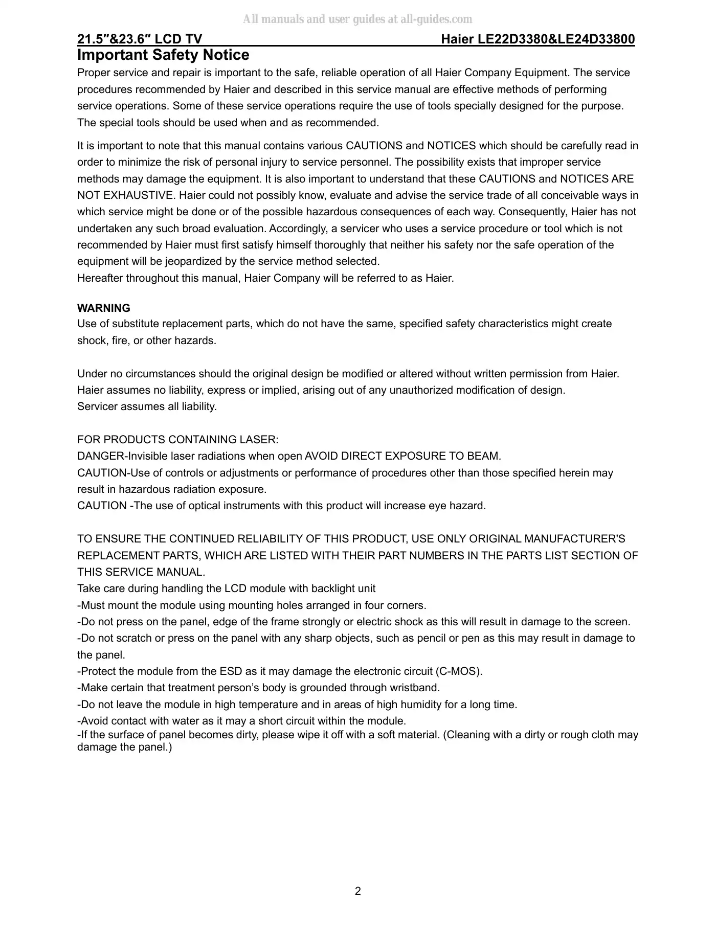Haier LE22D3380 Service Manual Manual pdf 2 page image