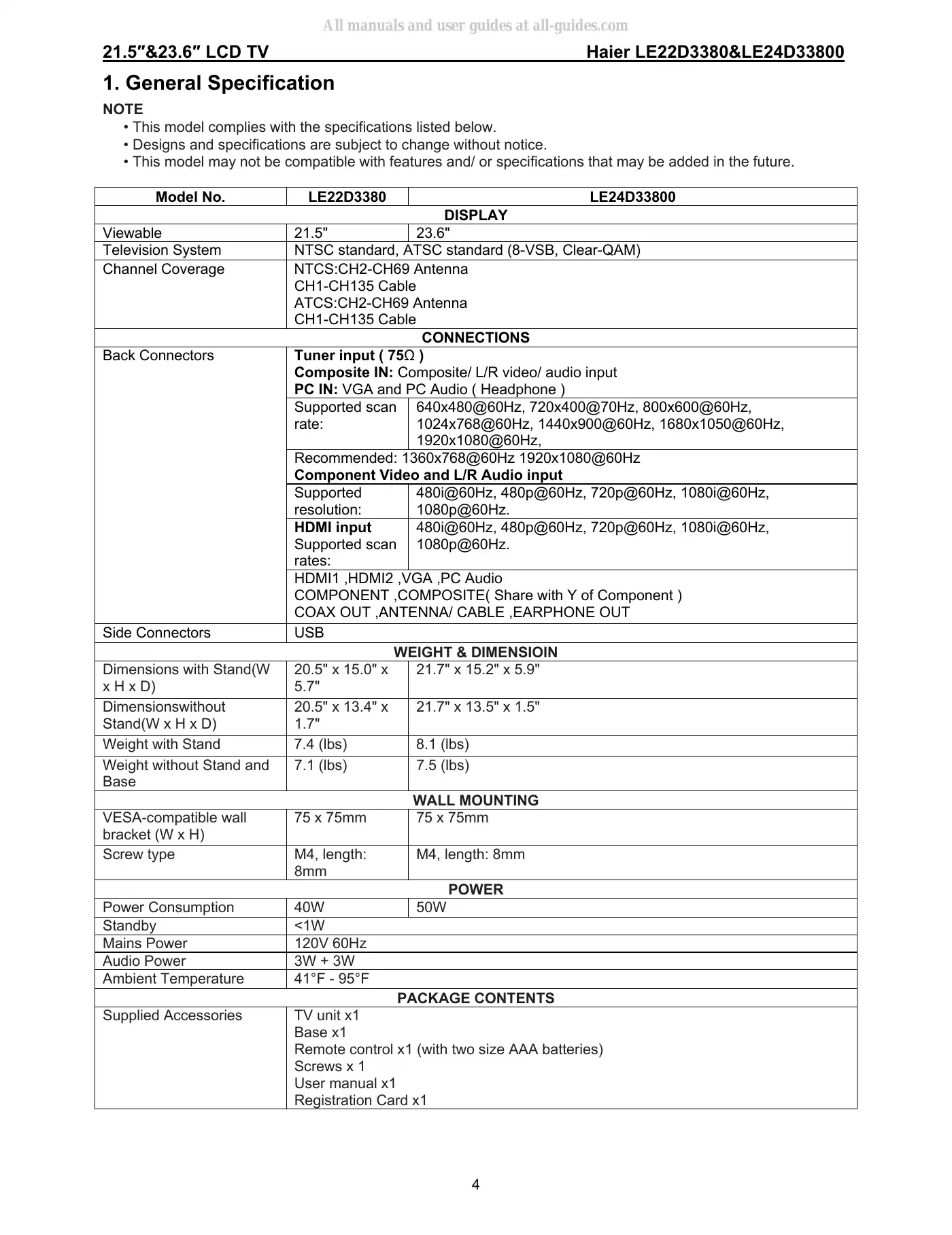 Haier LE22D3380 Service Manual Manual pdf 4 page image