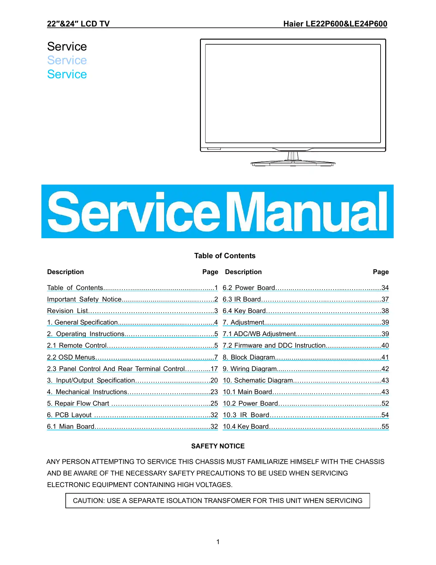 Haier LE22P600 Service Manual Manual pdf 1 page image