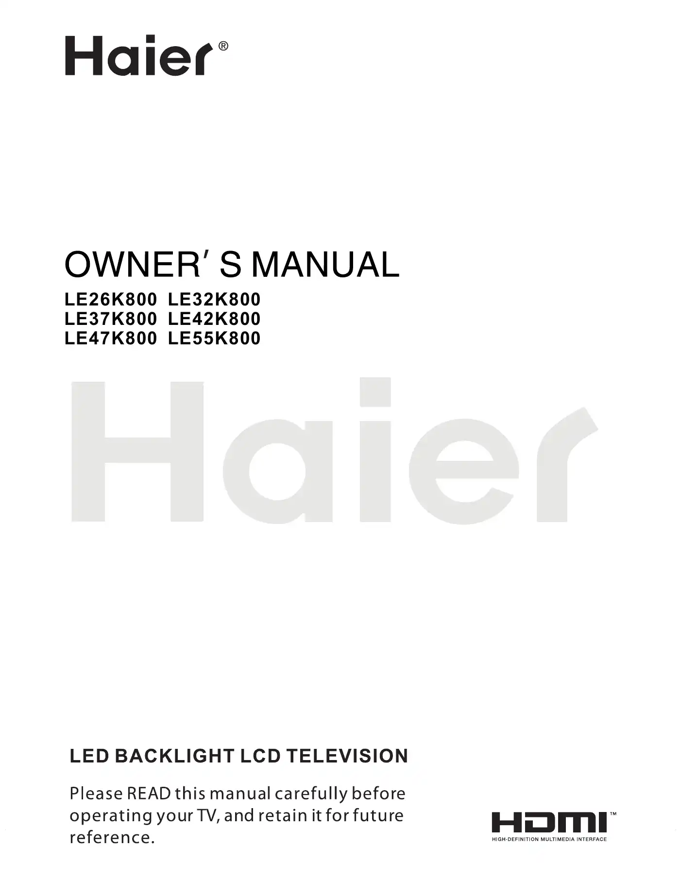 Haier LE26K800 Owner's Manual Manual pdf 1 page image
