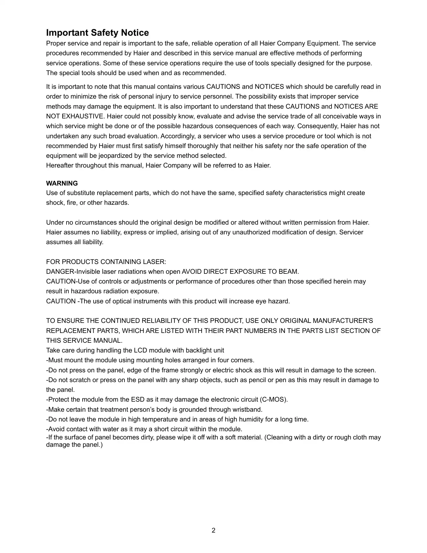 Haier LE32C13200 Service Manual Manual pdf 2 page image