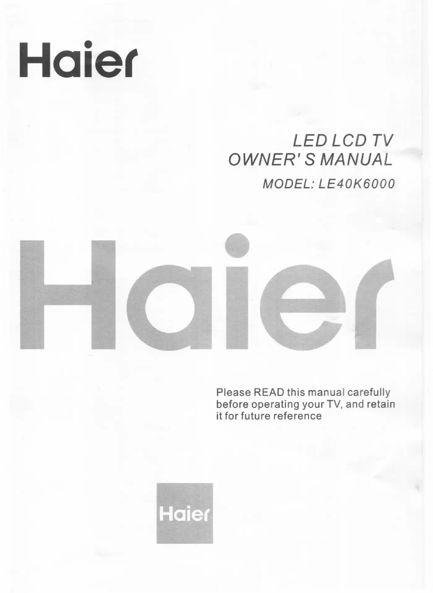 Haier LE40K6000 Owner's Manual Manual pdf 1 page image
