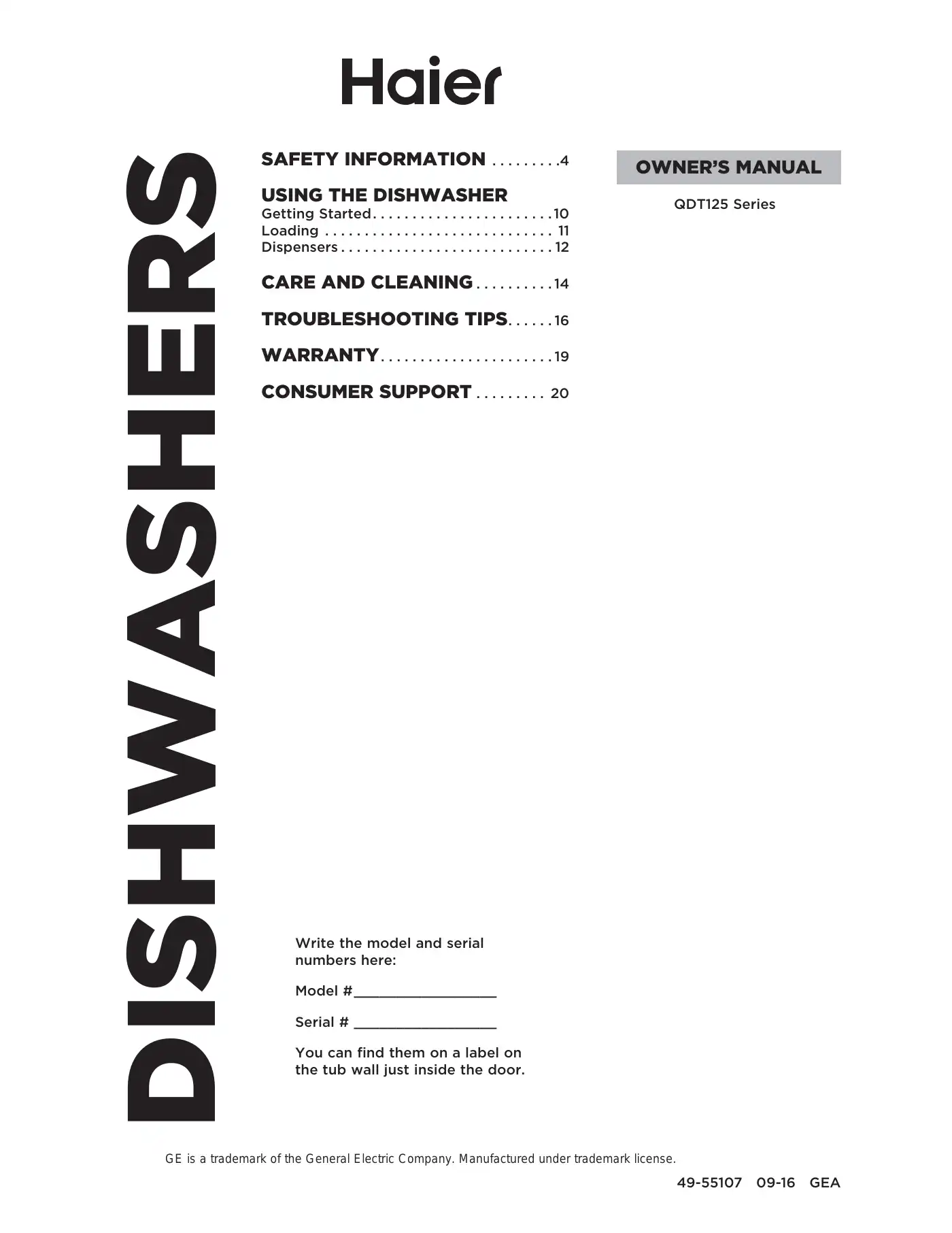 Haier QDT125SSKSS Owner's Manual Manual pdf 1 page image
