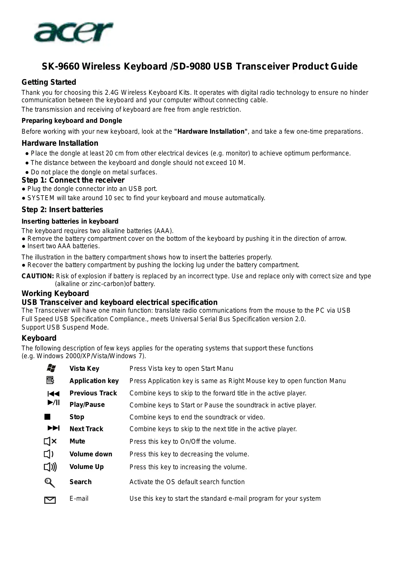 Acer SK-9660 Product Manual Manual pdf 1 page image