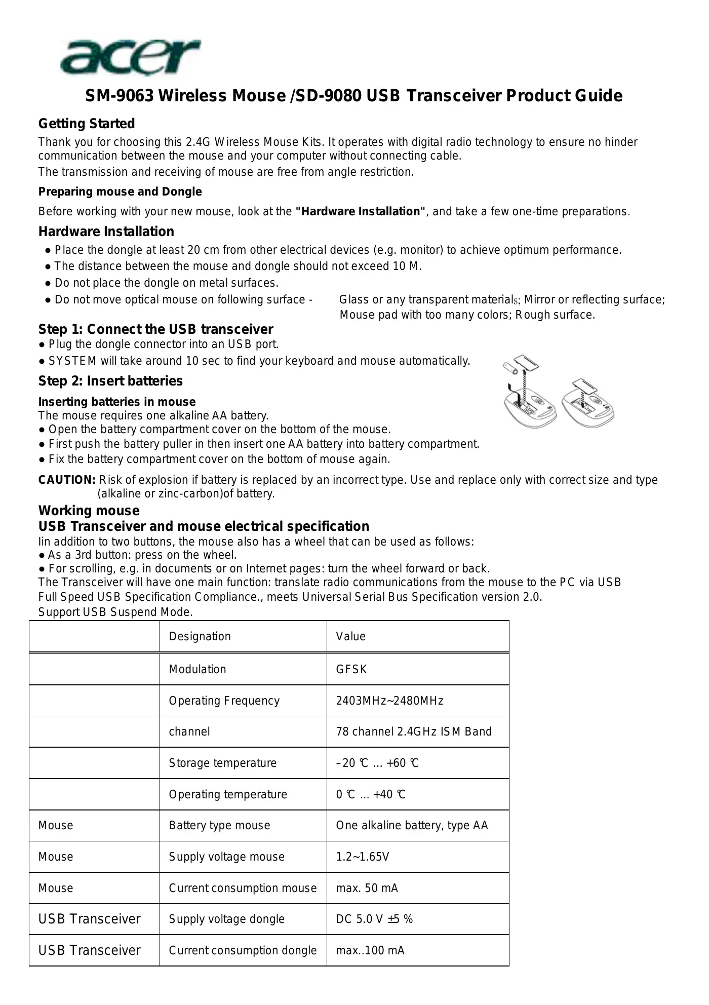 Acer SM-9063 Product Manual Manual pdf 1 page image
