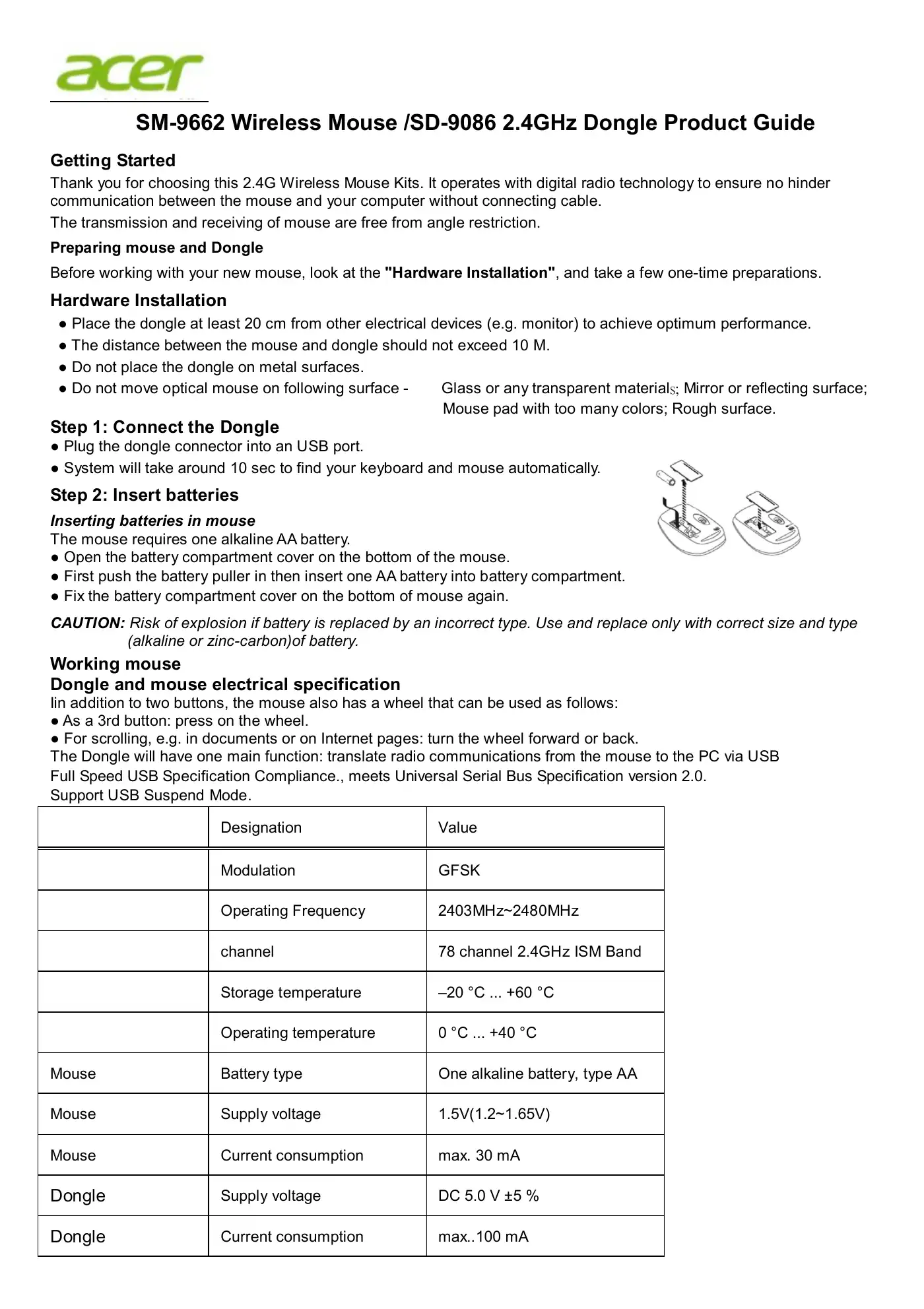 Acer SM-9662 Product Manual Manual pdf 1 page image