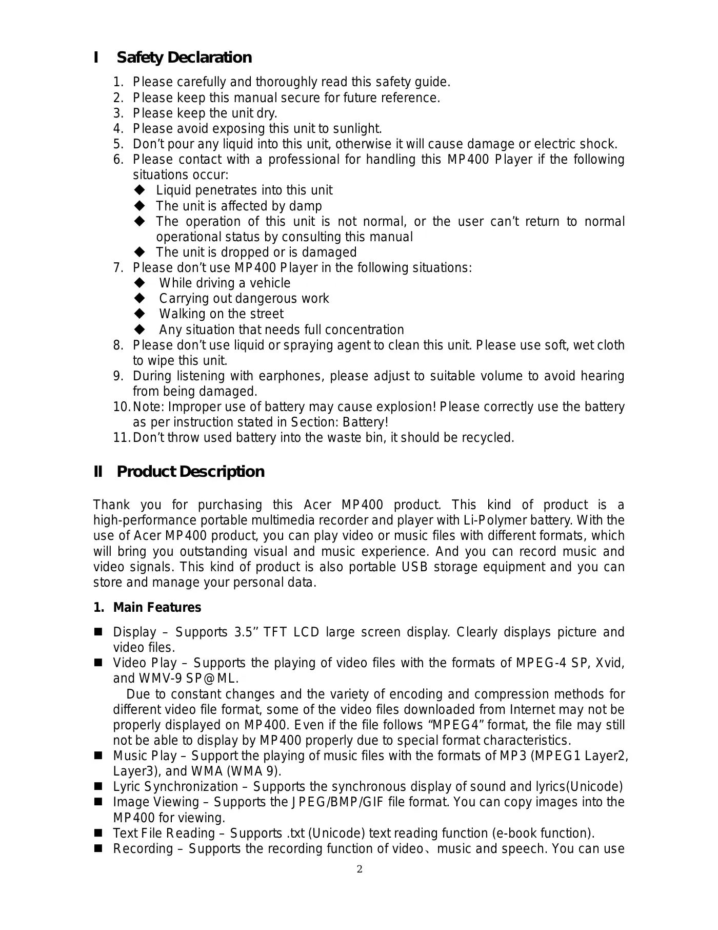 Acer MP400 User Manual Manual pdf 4 page image